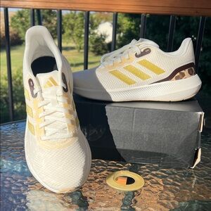 Adidas White and Yellow Running Shoes with Leopard Detail